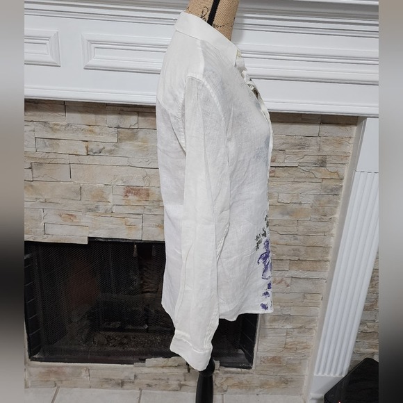 Elie Tahar white green purple floral linen women's button down shirt size medium - Picture 5 of 8